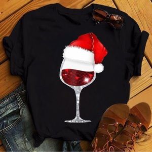 Womens Christmas Santa Wine Glass T-Shirt-Sizes Medium